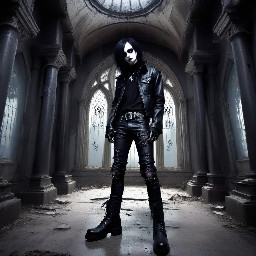 a cute goth boi wearing tight pvc jeans and New Rock boots hanging out in an abandoned Victorian mausoleum