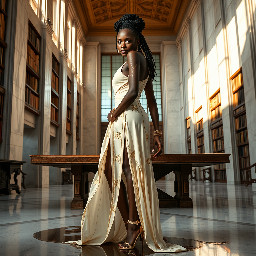 Ultra-detailed full body cinematic masterpiece, 8K, hyper-realistic shot low-angle below eye level at her waist looking up she's in the centre directly facing the camera lit by very faint sunlight. a graceful regal cute athletic voluptuous 20 year old East African Nubian/Habesha mixed princess standing in a vast white marble modern grand hall/library. She has thick elegant upswept bun long vellus dreadlocks loose locks framing her face with gold trinkets & radiant sweaty tanned dark cacao ebony skin. She has large bright regal hazel eyes framed with dark smoky eyeliner and pale shimmering gold eyeshadow & dark plum lipstick on her upper lip with a lighter plum tone on the lower lip. She wears a fitted very thin white chiffon silk halter bodice with a very deep plunging neckline & back and aa ankle-length flowing ribbon train made of two ribbon panels with dual wide symmetrical torso length splits along each leg, the dress has fine intricate angular shimmering gold symmetrical geometric pattern. Her jewelry is an elaborate black lace choker, gold circlet, earrings, chains, bracelets, armbands & anklets and elegant ivory & gold high stiletto shoes & glasses. She stands & leans back on a large ornate dark oak table eyes fixed on the camera. She has gold linear geometric patterns painted on her arms & shoulders. there's a puddle of water on the floor from her dripping wet dress. The setting is a grand sunlit white marble hall with tall soaring ceilings & grand white marble walls with towering dark wood shelves of books, a floor to ceiling rectangular-glass tinted window behind her with a polished patterned marble floor, casting warm amber diffused light and soft rim lighting around her silhouette. light rays cascade from the continuous glass windows near the ceiling refracting off the mild volumetric fog & dust in the room. The mood is bright, powerful & cinematic.  Palette of gold, white, ivory and amber.  Style: hyper-realistic & candid with afternoon sunlight in the grand space, diffused incandescent amber light, high detail, textures, no harsh direct bright light on the subject just warm refracted tones