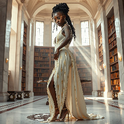 Ultra-detailed full body cinematic masterpiece, 8K, hyper-realistic shot low-angle below eye level at her waist looking up she's in the centre directly facing the camera lit by very faint sunlight. a graceful regal cute athletic voluptuous 20 year old East African Nubian/Habesha mixed princess standing in a vast white marble modern grand hall/library. She has thick elegant upswept bun long vellus dreadlocks loose locks framing her face with gold trinkets & radiant sweaty tanned dark cacao ebony skin. She has large bright regal hazel eyes framed with dark smoky eyeliner and pale shimmering gold eyeshadow & dark plum lipstick on her upper lip with a lighter plum tone on the lower lip. She wears a fitted very thin white chiffon silk halter bodice with a very deep plunging neckline & back and aa ankle-length flowing ribbon train made of two ribbon panels with dual wide symmetrical torso length splits along each leg, the dress has fine intricate angular shimmering gold symmetrical geometric pattern. Her jewelry is an elaborate black lace choker, gold circlet, earrings, chains, bracelets, armbands & anklets and elegant ivory & gold high stiletto shoes & glasses. She stands & leans back on a large ornate dark oak table eyes fixed on the camera. She has gold linear geometric patterns painted on her arms & shoulders. there's a puddle of water on the floor from her dripping wet dress. The setting is a grand sunlit white marble hall with tall soaring ceilings & grand white marble walls with towering dark wood shelves of books, a floor to ceiling rectangular-glass tinted window behind her with a polished patterned marble floor, casting warm amber diffused light and soft rim lighting around her silhouette. light rays cascade from the continuous glass windows near the ceiling refracting off the mild volumetric fog & dust in the room. The mood is bright, powerful & cinematic.  Palette of gold, white, ivory and amber.  Style: hyper-realistic & candid with afternoon sunlight in the grand space, diffused incandescent amber light, high detail, textures, no harsh direct bright light on the subject just warm refracted tones