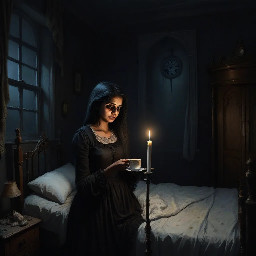 {a dimly lit|a shadow-drenched|a candle-flickering} {bedroom|guest room|private study} where Dheeraj, a {weathered yet alluring|delicate but strong|soft-featured with restless eyes} {45-year-old maid|housemaid in her prime|careworn domestic worker} stands hesitantly near {a mahogany dresser|an antique vanity|a rumpled bed}, her {sari slightly loosened|faded cotton nightgown clinging|work-worn hands trembling} as Vijay, her {broad-shouldered|silver-haired|commanding yet gentle} {56-year-old landlord|unmarried property owner|wealthy recluse}, reaches out to {cup her face|trace her collarbone|pull her close}. The air is thick with {unspoken longing|years of pent-up desire|electric hesitation}, their {age-worn|calloused|desperate} fingers entwining as {a storm rages outside|the grandfather clock chimes midnight|a single tear slips down Dheeraj's cheek}. The scene pulses with {raw, forbidden passion|aching vulnerability|the weight of lifetimes unlived}, their bodies {pressed together in the half-light|collapsing onto tangled sheets|frozen in the moment before surrender}, surrounded by {discarded household items|scattered account ledgers|the faint scent of jasmine oil}. {Oil painting style|film noir lighting|hyperrealistic detail} captures every {wrinkle of tension|fleeting glance|shuddering breath}, as the {cold, dark night|relentless monsoon rain|silent house} bears witness to their {clandestine union|long-awaited release|irrevocable crossing of lines}.