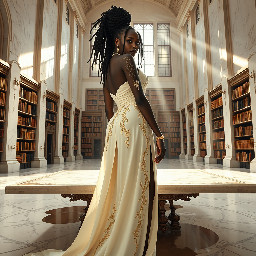 Ultra-detailed full body cinematic masterpiece, 8K, hyper-realistic shot low-angle below eye level at her waist looking up she's in the centre directly facing the camera lit by very faint sunlight. a graceful regal cute athletic voluptuous 20 year old East African Nubian/Habesha mixed princess standing in a vast white marble modern grand hall/library. She has thick elegant upswept bun long vellus dreadlocks loose locks framing her face with gold trinkets & radiant sweaty tanned dark cacao ebony skin. She has large bright regal hazel eyes framed with dark smoky eyeliner and pale shimmering gold eyeshadow & dark plum lipstick on her upper lip with a lighter plum tone on the lower lip. She wears a fitted very thin white chiffon silk halter bodice with a very deep plunging neckline & back and aa ankle-length flowing ribbon train made of two ribbon panels with dual wide symmetrical torso length splits along each leg, the dress has fine intricate angular shimmering gold symmetrical geometric pattern. Her jewelry is an elaborate black lace choker, gold circlet, earrings, chains, bracelets, armbands & anklets and elegant ivory & gold high stiletto shoes & glasses. She stands & leans back on a large ornate dark oak table eyes fixed on the camera. She has gold linear geometric patterns painted on her arms & shoulders. there's a puddle of water on the floor from her dripping wet dress. The setting is a grand sunlit white marble hall with tall soaring ceilings & grand white marble walls with towering dark wood shelves of books, a floor to ceiling rectangular-glass tinted window behind her with a polished patterned marble floor, casting warm amber diffused light and soft rim lighting around her silhouette. light rays cascade from the continuous glass windows near the ceiling refracting off the mild volumetric fog & dust in the room. The mood is bright, powerful & cinematic.  Palette of gold, white, ivory and amber.  Style: hyper-realistic & candid with afternoon sunlight in the grand space, diffused incandescent amber light, high detail, textures, no harsh direct bright light on the subject just warm refracted tones