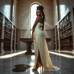 Ultra-detailed full body cinematic masterpiece, 8K, hyper-realistic shot low-angle below eye level at her waist looking up she's in the centre directly facing the camera lit by very faint sunlight. a graceful regal cute athletic voluptuous 20 year old East African Nubian/Habesha mixed princess standing in a vast white marble modern grand hall/library. She has thick elegant upswept bun long vellus dreadlocks loose locks framing her face with gold trinkets & radiant sweaty tanned dark cacao ebony skin. She has large bright regal hazel eyes framed with dark smoky eyeliner and pale shimmering gold eyeshadow & dark plum lipstick on her upper lip with a lighter plum tone on the lower lip. She wears a fitted very thin white chiffon silk halter bodice with a very deep plunging neckline & back and aa ankle-length flowing ribbon train made of two ribbon panels with dual wide symmetrical torso length splits along each leg, the dress has fine intricate angular shimmering gold symmetrical geometric pattern. Her jewelry is an elaborate black lace choker, gold circlet, earrings, chains, bracelets, armbands & anklets and elegant ivory & gold high stiletto shoes & glasses. She stands & leans back on a large ornate dark oak table eyes fixed on the camera. She has gold linear geometric patterns painted on her arms & shoulders. there's a puddle of water on the floor from her dripping wet dress. The setting is a grand sunlit white marble hall with tall soaring ceilings & grand white marble walls with towering dark wood shelves of books, a floor to ceiling rectangular-glass tinted window behind her with a polished patterned marble floor, casting warm amber diffused light and soft rim lighting around her silhouette. light rays cascade from the continuous glass windows near the ceiling refracting off the mild volumetric fog & dust in the room. The mood is bright, powerful & cinematic.  Palette of gold, white, ivory and amber.  Style: hyper-realistic & candid with afternoon sunlight in the grand space, diffused incandescent amber light, high detail, textures, no harsh direct bright light on the subject just warm refracted tones