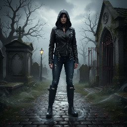 girl in black leather hood and collar wearing black leather biker jacket tight blue denim jeans and black original tall hunter wellies. she is outside and the ground is wet