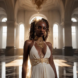 Ultra-detailed full body cinematic masterpiece, 8K, hyper-realistic shot low-angle below eye level at her waist looking up she's in the centre directly facing the camera lit by very faint sunlight. a graceful regal cute athletic voluptuous 20 year old East African Nubian/Habesha mixed princess standing in a vast white marble modern grand hall/library. She has thick elegant upswept bun long vellus dreadlocks loose locks framing her face with gold trinkets & radiant sweaty tanned dark cacao ebony skin. She has large bright regal hazel eyes framed with dark smoky eyeliner and pale shimmering gold eyeshadow & dark plum lipstick on her upper lip with a lighter plum tone on the lower lip. She wears a fitted very thin white chiffon silk halter bodice with a very deep plunging neckline & back and aa ankle-length flowing ribbon train made of two ribbon panels with dual wide symmetrical torso length splits along each leg, the dress has fine intricate angular shimmering gold symmetrical geometric pattern. Her jewelry is an elaborate black lace choker, gold circlet, earrings, chains, bracelets, armbands & anklets and elegant ivory & gold high stiletto shoes & glasses. She stands & leans back on a large ornate dark oak table eyes fixed on the camera. She has gold linear geometric patterns painted on her arms & shoulders. there's a puddle of water on the floor from her dripping wet dress. The setting is a grand sunlit white marble hall with tall soaring ceilings & grand white marble walls with towering dark wood shelves of books, a floor to ceiling rectangular-glass tinted window behind her with a polished patterned marble floor, casting warm amber diffused light and soft rim lighting around her silhouette. light rays cascade from the continuous glass windows near the ceiling refracting off the mild volumetric fog & dust in the room. The mood is bright, powerful & cinematic.  Palette of gold, white, ivory and amber.  Style: hyper-realistic & candid with afternoon sunlight in the grand space, diffused incandescent amber light, high detail, textures, no harsh direct bright light on the subject just warm refracted tones