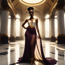 Ultra-detailed full body cinematic masterpiece, 8K, hyper-realistic shot low-angle below eye level at her waist looking up she's in the centre directly facing the camera lit by very faint sunlight. a graceful regal cute athletic voluptuous 20 year old East African Nubian/Habesha mixed princess standing in a vast white marble modern grand hall/library. She has thick elegant upswept bun long vellus dreadlocks loose locks framing her face with gold trinkets & radiant sweaty tanned dark cacao ebony skin. She has large bright regal hazel eyes framed with dark smoky eyeliner and pale shimmering gold eyeshadow & dark plum lipstick on her upper lip with a lighter plum tone on the lower lip. She wears a fitted very thin white chiffon silk halter bodice with a very deep plunging neckline & back and aa ankle-length flowing ribbon train made of two ribbon panels with dual wide symmetrical torso length splits along each leg, the dress has fine intricate angular shimmering gold symmetrical geometric pattern. Her jewelry is an elaborate black lace choker, gold circlet, earrings, chains, bracelets, armbands & anklets and elegant ivory & gold high stiletto shoes & glasses. She stands & leans back on a large ornate dark oak table eyes fixed on the camera. She has gold linear geometric patterns painted on her arms & shoulders. there's a puddle of water on the floor from her dripping wet dress. The setting is a grand sunlit white marble hall with tall soaring ceilings & grand white marble walls with towering dark wood shelves of books, a floor to ceiling rectangular-glass tinted window behind her with a polished patterned marble floor, casting warm amber diffused light and soft rim lighting around her silhouette. light rays cascade from the continuous glass windows near the ceiling refracting off the mild volumetric fog & dust in the room. The mood is bright, powerful & cinematic.  Palette of gold, white, ivory and amber.  Style: hyper-realistic & candid with afternoon sunlight in the grand space, diffused incandescent amber light, high detail, textures, no harsh direct bright light on the subject just warm refracted tones