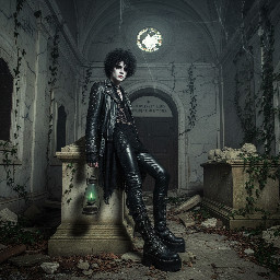 a cute goth boi wearing tight pvc jeans and New Rock boots hanging out in an abandoned Victorian mausoleum