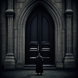 A demon stands by the doors of Hallgrímskirkja church in Reykjavik at night