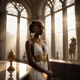 Ultra-detailed full body cinematic masterpiece, 8K, hyper-realistic shot low-angle below eye level at her waist looking up she's in the centre directly facing the camera lit by very faint sunlight. a graceful regal cute athletic voluptuous 20 year old East African Nubian/Habesha mixed princess standing in a vast white marble modern grand hall/library. She has thick elegant upswept bun long vellus dreadlocks loose locks framing her face with gold trinkets & radiant sweaty tanned dark cacao ebony skin. She has large bright regal hazel eyes framed with dark smoky eyeliner and pale shimmering gold eyeshadow & dark plum lipstick on her upper lip with a lighter plum tone on the lower lip. She wears a fitted very thin white chiffon silk halter bodice with a very deep plunging neckline & back and aa ankle-length flowing ribbon train made of two ribbon panels with dual wide symmetrical torso length splits along each leg, the dress has fine intricate angular shimmering gold symmetrical geometric pattern. Her jewelry is an elaborate black lace choker, gold circlet, earrings, chains, bracelets, armbands & anklets and elegant ivory & gold high stiletto shoes & glasses. She stands & leans back on a large ornate dark oak table eyes fixed on the camera. She has gold linear geometric patterns painted on her arms & shoulders. there's a puddle of water on the floor from her dripping wet dress. The setting is a grand sunlit white marble hall with tall soaring ceilings & grand white marble walls with towering dark wood shelves of books, a floor to ceiling rectangular-glass tinted window behind her with a polished patterned marble floor, casting warm amber diffused light and soft rim lighting around her silhouette. light rays cascade from the continuous glass windows near the ceiling refracting off the mild volumetric fog & dust in the room. The mood is bright, powerful & cinematic.  Palette of gold, white, ivory and amber.  Style: hyper-realistic & candid with afternoon sunlight in the grand space, diffused incandescent amber light, high detail, textures, no harsh direct bright light on the subject just warm refracted tones