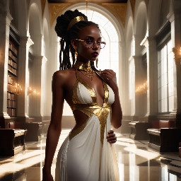 Ultra-detailed full body cinematic masterpiece, 8K, hyper-realistic shot low-angle below eye level at her waist looking up she's in the centre directly facing the camera lit by very faint sunlight. a graceful regal cute athletic voluptuous 20 year old East African Nubian/Habesha mixed princess standing in a vast white marble modern grand hall/library. She has thick elegant upswept bun long vellus dreadlocks loose locks framing her face with gold trinkets & radiant sweaty tanned dark cacao ebony skin. She has large bright regal hazel eyes framed with dark smoky eyeliner and pale shimmering gold eyeshadow & dark plum lipstick on her upper lip with a lighter plum tone on the lower lip. She wears a fitted very thin white chiffon silk halter bodice with a very deep plunging neckline & back and aa ankle-length flowing ribbon train made of two ribbon panels with dual wide symmetrical torso length splits along each leg, the dress has fine intricate angular shimmering gold symmetrical geometric pattern. Her jewelry is an elaborate black lace choker, gold circlet, earrings, chains, bracelets, armbands & anklets and elegant ivory & gold high stiletto shoes & glasses. She stands & leans back on a large ornate dark oak table eyes fixed on the camera. She has gold linear geometric patterns painted on her arms & shoulders. there's a puddle of water on the floor from her dripping wet dress. The setting is a grand sunlit white marble hall with tall soaring ceilings & grand white marble walls with towering dark wood shelves of books, a floor to ceiling rectangular-glass tinted window behind her with a polished patterned marble floor, casting warm amber diffused light and soft rim lighting around her silhouette. light rays cascade from the continuous glass windows near the ceiling refracting off the mild volumetric fog & dust in the room. The mood is bright, powerful & cinematic.  Palette of gold, white, ivory and amber.  Style: hyper-realistic & candid with afternoon sunlight in the grand space, diffused incandescent amber light, high detail, textures, no harsh direct bright light on the subject just warm refracted tones