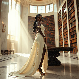 Ultra-detailed full body cinematic masterpiece, 8K, hyper-realistic shot low-angle below eye level at her waist looking up she's in the centre directly facing the camera lit by very faint sunlight. a graceful regal cute athletic voluptuous 20 year old East African Nubian/Habesha mixed princess standing in a vast white marble modern grand hall/library. She has thick elegant upswept bun long vellus dreadlocks loose locks framing her face with gold trinkets & radiant sweaty tanned dark cacao ebony skin. She has large bright regal hazel eyes framed with dark smoky eyeliner and pale shimmering gold eyeshadow & dark plum lipstick on her upper lip with a lighter plum tone on the lower lip. She wears a fitted very thin white chiffon silk halter bodice with a very deep plunging neckline & back and aa ankle-length flowing ribbon train made of two ribbon panels with dual wide symmetrical torso length splits along each leg, the dress has fine intricate angular shimmering gold symmetrical geometric pattern. Her jewelry is an elaborate black lace choker, gold circlet, earrings, chains, bracelets, armbands & anklets and elegant ivory & gold high stiletto shoes & glasses. She stands & leans back on a large ornate dark oak table eyes fixed on the camera. She has gold linear geometric patterns painted on her arms & shoulders. there's a puddle of water on the floor from her dripping wet dress. The setting is a grand sunlit white marble hall with tall soaring ceilings & grand white marble walls with towering dark wood shelves of books, a floor to ceiling rectangular-glass tinted window behind her with a polished patterned marble floor, casting warm amber diffused light and soft rim lighting around her silhouette. light rays cascade from the continuous glass windows near the ceiling refracting off the mild volumetric fog & dust in the room. The mood is bright, powerful & cinematic.  Palette of gold, white, ivory and amber.  Style: hyper-realistic & candid with afternoon sunlight in the grand space, diffused incandescent amber light, high detail, textures, no harsh direct bright light on the subject just warm refracted tones