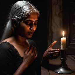 {a dimly lit|a shadow-drenched|a candle-flickering} {bedroom|guest room|private study} where Dheeraj, a {weathered yet alluring|delicate but strong|soft-featured with restless eyes} {45-year-old maid|housemaid in her prime|careworn domestic worker} stands hesitantly near {a mahogany dresser|an antique vanity|a rumpled bed}, her {sari slightly loosened|faded cotton nightgown clinging|work-worn hands trembling} as Vijay, her {broad-shouldered|silver-haired|commanding yet gentle} {56-year-old landlord|unmarried property owner|wealthy recluse}, reaches out to {cup her face|trace her collarbone|pull her close}. The air is thick with {unspoken longing|years of pent-up desire|electric hesitation}, their {age-worn|calloused|desperate} fingers entwining as {a storm rages outside|the grandfather clock chimes midnight|a single tear slips down Dheeraj's cheek}. The scene pulses with {raw, forbidden passion|aching vulnerability|the weight of lifetimes unlived}, their bodies {pressed together in the half-light|collapsing onto tangled sheets|frozen in the moment before surrender}, surrounded by {discarded household items|scattered account ledgers|the faint scent of jasmine oil}. {Oil painting style|film noir lighting|hyperrealistic detail} captures every {wrinkle of tension|fleeting glance|shuddering breath}, as the {cold, dark night|relentless monsoon rain|silent house} bears witness to their {clandestine union|long-awaited release|irrevocable crossing of lines}.