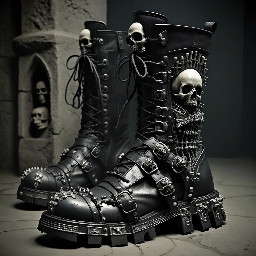 new rock reactor boots with skull details, in a display designed like a sepulchre