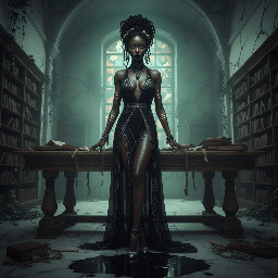 Ultra-detailed full body cinematic masterpiece, 8K, hyper-realistic shot low-angle below eye level at her waist looking up she's in the centre directly facing the camera lit by very faint sunlight. a graceful regal cute athletic voluptuous 20 year old East African Nubian/Habesha mixed princess standing in a vast white marble modern grand hall/library. She has thick elegant upswept bun long vellus dreadlocks loose locks framing her face with gold trinkets & radiant sweaty tanned dark cacao ebony skin. She has large bright regal hazel eyes framed with dark smoky eyeliner and pale shimmering gold eyeshadow & dark plum lipstick on her upper lip with a lighter plum tone on the lower lip. She wears a fitted very thin white chiffon silk halter bodice with a very deep plunging neckline & back and aa ankle-length flowing ribbon train made of two ribbon panels with dual wide symmetrical torso length splits along each leg, the dress has fine intricate angular shimmering gold symmetrical geometric pattern. Her jewelry is an elaborate black lace choker, gold circlet, earrings, chains, bracelets, armbands & anklets and elegant ivory & gold high stiletto shoes & glasses. She stands & leans back on a large ornate dark oak table eyes fixed on the camera. She has gold linear geometric patterns painted on her arms & shoulders. there's a puddle of water on the floor from her dripping wet dress. The setting is a grand sunlit white marble hall with tall soaring ceilings & grand white marble walls with towering dark wood shelves of books, a floor to ceiling rectangular-glass tinted window behind her with a polished patterned marble floor, casting warm amber diffused light and soft rim lighting around her silhouette. light rays cascade from the continuous glass windows near the ceiling refracting off the mild volumetric fog & dust in the room. The mood is bright, powerful & cinematic.  Palette of gold, white, ivory and amber.  Style: hyper-realistic & candid with afternoon sunlight in the grand space, diffused incandescent amber light, high detail, textures, no harsh direct bright light on the subject just warm refracted tones