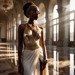 Ultra-detailed full body cinematic masterpiece, 8K, hyper-realistic shot low-angle below eye level at her waist looking up she's in the centre directly facing the camera lit by very faint sunlight. a graceful regal cute athletic voluptuous 20 year old East African Nubian/Habesha mixed princess standing in a vast white marble modern grand hall/library. She has thick elegant upswept bun long vellus dreadlocks loose locks framing her face with gold trinkets & radiant sweaty tanned dark cacao ebony skin. She has large bright regal hazel eyes framed with dark smoky eyeliner and pale shimmering gold eyeshadow & dark plum lipstick on her upper lip with a lighter plum tone on the lower lip. She wears a fitted very thin white chiffon silk halter bodice with a very deep plunging neckline & back and aa ankle-length flowing ribbon train made of two ribbon panels with dual wide symmetrical torso length splits along each leg, the dress has fine intricate angular shimmering gold symmetrical geometric pattern. Her jewelry is an elaborate black lace choker, gold circlet, earrings, chains, bracelets, armbands & anklets and elegant ivory & gold high stiletto shoes & glasses. She stands & leans back on a large ornate dark oak table eyes fixed on the camera. She has gold linear geometric patterns painted on her arms & shoulders. there's a puddle of water on the floor from her dripping wet dress. The setting is a grand sunlit white marble hall with tall soaring ceilings & grand white marble walls with towering dark wood shelves of books, a floor to ceiling rectangular-glass tinted window behind her with a polished patterned marble floor, casting warm amber diffused light and soft rim lighting around her silhouette. light rays cascade from the continuous glass windows near the ceiling refracting off the mild volumetric fog & dust in the room. The mood is bright, powerful & cinematic.  Palette of gold, white, ivory and amber.  Style: hyper-realistic & candid with afternoon sunlight in the grand space, diffused incandescent amber light, high detail, textures, no harsh direct bright light on the subject just warm refracted tones