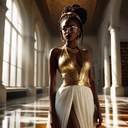 Ultra-detailed full body cinematic masterpiece, 8K, hyper-realistic shot low-angle below eye level at her waist looking up she's in the centre directly facing the camera lit by very faint sunlight. a graceful regal cute athletic voluptuous 20 year old East African Nubian/Habesha mixed princess standing in a vast white marble modern grand hall/library. She has thick elegant upswept bun long vellus dreadlocks loose locks framing her face with gold trinkets & radiant sweaty tanned dark cacao ebony skin. She has large bright regal hazel eyes framed with dark smoky eyeliner and pale shimmering gold eyeshadow & dark plum lipstick on her upper lip with a lighter plum tone on the lower lip. She wears a fitted very thin white chiffon silk halter bodice with a very deep plunging neckline & back and aa ankle-length flowing ribbon train made of two ribbon panels with dual wide symmetrical torso length splits along each leg, the dress has fine intricate angular shimmering gold symmetrical geometric pattern. Her jewelry is an elaborate black lace choker, gold circlet, earrings, chains, bracelets, armbands & anklets and elegant ivory & gold high stiletto shoes & glasses. She stands & leans back on a large ornate dark oak table eyes fixed on the camera. She has gold linear geometric patterns painted on her arms & shoulders. there's a puddle of water on the floor from her dripping wet dress. The setting is a grand sunlit white marble hall with tall soaring ceilings & grand white marble walls with towering dark wood shelves of books, a floor to ceiling rectangular-glass tinted window behind her with a polished patterned marble floor, casting warm amber diffused light and soft rim lighting around her silhouette. light rays cascade from the continuous glass windows near the ceiling refracting off the mild volumetric fog & dust in the room. The mood is bright, powerful & cinematic.  Palette of gold, white, ivory and amber.  Style: hyper-realistic & candid with afternoon sunlight in the grand space, diffused incandescent amber light, high detail, textures, no harsh direct bright light on the subject just warm refracted tones