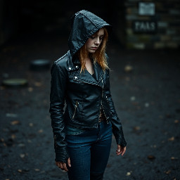 girl in black leather hood and collar wearing black leather biker jacket tight blue denim jeans and black original tall hunter wellies. she is outside and the ground is wet