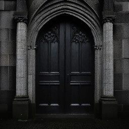 A dark evil looking being stand by the doors of Hallgrímskirkja church in Reykjavik at night