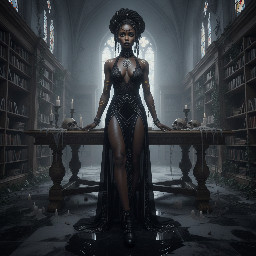 Ultra-detailed full body cinematic masterpiece, 8K, hyper-realistic shot low-angle below eye level at her waist looking up she's in the centre directly facing the camera lit by very faint sunlight. a graceful regal cute athletic voluptuous 20 year old East African Nubian/Habesha mixed princess standing in a vast white marble modern grand hall/library. She has thick elegant upswept bun long vellus dreadlocks loose locks framing her face with gold trinkets & radiant sweaty tanned dark cacao ebony skin. She has large bright regal hazel eyes framed with dark smoky eyeliner and pale shimmering gold eyeshadow & dark plum lipstick on her upper lip with a lighter plum tone on the lower lip. She wears a fitted very thin white chiffon silk halter bodice with a very deep plunging neckline & back and aa ankle-length flowing ribbon train made of two ribbon panels with dual wide symmetrical torso length splits along each leg, the dress has fine intricate angular shimmering gold symmetrical geometric pattern. Her jewelry is an elaborate black lace choker, gold circlet, earrings, chains, bracelets, armbands & anklets and elegant ivory & gold high stiletto shoes & glasses. She stands & leans back on a large ornate dark oak table eyes fixed on the camera. She has gold linear geometric patterns painted on her arms & shoulders. there's a puddle of water on the floor from her dripping wet dress. The setting is a grand sunlit white marble hall with tall soaring ceilings & grand white marble walls with towering dark wood shelves of books, a floor to ceiling rectangular-glass tinted window behind her with a polished patterned marble floor, casting warm amber diffused light and soft rim lighting around her silhouette. light rays cascade from the continuous glass windows near the ceiling refracting off the mild volumetric fog & dust in the room. The mood is bright, powerful & cinematic.  Palette of gold, white, ivory and amber.  Style: hyper-realistic & candid with afternoon sunlight in the grand space, diffused incandescent amber light, high detail, textures, no harsh direct bright light on the subject just warm refracted tones