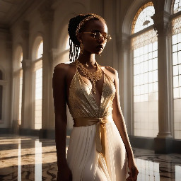 Ultra-detailed full body cinematic masterpiece, 8K, hyper-realistic shot low-angle below eye level at her waist looking up she's in the centre directly facing the camera lit by very faint sunlight. a graceful regal cute athletic voluptuous 20 year old East African Nubian/Habesha mixed princess standing in a vast white marble modern grand hall/library. She has thick elegant upswept bun long vellus dreadlocks loose locks framing her face with gold trinkets & radiant sweaty tanned dark cacao ebony skin. She has large bright regal hazel eyes framed with dark smoky eyeliner and pale shimmering gold eyeshadow & dark plum lipstick on her upper lip with a lighter plum tone on the lower lip. She wears a fitted very thin white chiffon silk halter bodice with a very deep plunging neckline & back and aa ankle-length flowing ribbon train made of two ribbon panels with dual wide symmetrical torso length splits along each leg, the dress has fine intricate angular shimmering gold symmetrical geometric pattern. Her jewelry is an elaborate black lace choker, gold circlet, earrings, chains, bracelets, armbands & anklets and elegant ivory & gold high stiletto shoes & glasses. She stands & leans back on a large ornate dark oak table eyes fixed on the camera. She has gold linear geometric patterns painted on her arms & shoulders. there's a puddle of water on the floor from her dripping wet dress. The setting is a grand sunlit white marble hall with tall soaring ceilings & grand white marble walls with towering dark wood shelves of books, a floor to ceiling rectangular-glass tinted window behind her with a polished patterned marble floor, casting warm amber diffused light and soft rim lighting around her silhouette. light rays cascade from the continuous glass windows near the ceiling refracting off the mild volumetric fog & dust in the room. The mood is bright, powerful & cinematic.  Palette of gold, white, ivory and amber.  Style: hyper-realistic & candid with afternoon sunlight in the grand space, diffused incandescent amber light, high detail, textures, no harsh direct bright light on the subject just warm refracted tones