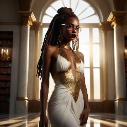 Ultra-detailed full body cinematic masterpiece, 8K, hyper-realistic shot low-angle below eye level at her waist looking up she's in the centre directly facing the camera lit by very faint sunlight. a graceful regal cute athletic voluptuous 20 year old East African Nubian/Habesha mixed princess standing in a vast white marble modern grand hall/library. She has thick elegant upswept bun long vellus dreadlocks loose locks framing her face with gold trinkets & radiant sweaty tanned dark cacao ebony skin. She has large bright regal hazel eyes framed with dark smoky eyeliner and pale shimmering gold eyeshadow & dark plum lipstick on her upper lip with a lighter plum tone on the lower lip. She wears a fitted very thin white chiffon silk halter bodice with a very deep plunging neckline & back and aa ankle-length flowing ribbon train made of two ribbon panels with dual wide symmetrical torso length splits along each leg, the dress has fine intricate angular shimmering gold symmetrical geometric pattern. Her jewelry is an elaborate black lace choker, gold circlet, earrings, chains, bracelets, armbands & anklets and elegant ivory & gold high stiletto shoes & glasses. She stands & leans back on a large ornate dark oak table eyes fixed on the camera. She has gold linear geometric patterns painted on her arms & shoulders. there's a puddle of water on the floor from her dripping wet dress. The setting is a grand sunlit white marble hall with tall soaring ceilings & grand white marble walls with towering dark wood shelves of books, a floor to ceiling rectangular-glass tinted window behind her with a polished patterned marble floor, casting warm amber diffused light and soft rim lighting around her silhouette. light rays cascade from the continuous glass windows near the ceiling refracting off the mild volumetric fog & dust in the room. The mood is bright, powerful & cinematic.  Palette of gold, white, ivory and amber.  Style: hyper-realistic & candid with afternoon sunlight in the grand space, diffused incandescent amber light, high detail, textures, no harsh direct bright light on the subject just warm refracted tones