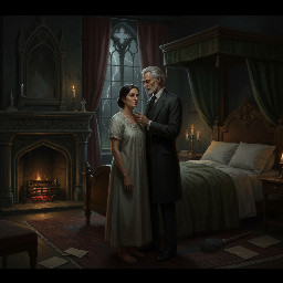 {a dimly lit|a shadow-drenched|a candle-flickering} {bedroom|guest room|private study} where Dheeraj, a {weathered yet alluring|delicate but strong|soft-featured with restless eyes} {45-year-old maid|housemaid in her prime|careworn domestic worker} stands hesitantly near {a mahogany dresser|an antique vanity|a rumpled bed}, her {sari slightly loosened|faded cotton nightgown clinging|work-worn hands trembling} as Vijay, her {broad-shouldered|silver-haired|commanding yet gentle} {56-year-old landlord|unmarried property owner|wealthy recluse}, reaches out to {cup her face|trace her collarbone|pull her close}. The air is thick with {unspoken longing|years of pent-up desire|electric hesitation}, their {age-worn|calloused|desperate} fingers entwining as {a storm rages outside|the grandfather clock chimes midnight|a single tear slips down Dheeraj's cheek}. The scene pulses with {raw, forbidden passion|aching vulnerability|the weight of lifetimes unlived}, their bodies {pressed together in the half-light|collapsing onto tangled sheets|frozen in the moment before surrender}, surrounded by {discarded household items|scattered account ledgers|the faint scent of jasmine oil}. {Oil painting style|film noir lighting|hyperrealistic detail} captures every {wrinkle of tension|fleeting glance|shuddering breath}, as the {cold, dark night|relentless monsoon rain|silent house} bears witness to their {clandestine union|long-awaited release|irrevocable crossing of lines}.