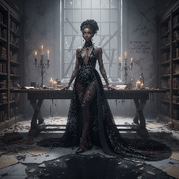 Ultra-detailed full body cinematic masterpiece, 8K, hyper-realistic shot low-angle below eye level at her waist looking up she's in the centre directly facing the camera lit by very faint sunlight. a graceful regal cute athletic voluptuous 20 year old East African Nubian/Habesha mixed princess standing in a vast white marble modern grand hall/library. She has thick elegant upswept bun long vellus dreadlocks loose locks framing her face with gold trinkets & radiant sweaty tanned dark cacao ebony skin. She has large bright regal hazel eyes framed with dark smoky eyeliner and pale shimmering gold eyeshadow & dark plum lipstick on her upper lip with a lighter plum tone on the lower lip. She wears a fitted very thin white chiffon silk halter bodice with a very deep plunging neckline & back and aa ankle-length flowing ribbon train made of two ribbon panels with dual wide symmetrical torso length splits along each leg, the dress has fine intricate angular shimmering gold symmetrical geometric pattern. Her jewelry is an elaborate black lace choker, gold circlet, earrings, chains, bracelets, armbands & anklets and elegant ivory & gold high stiletto shoes & glasses. She stands & leans back on a large ornate dark oak table eyes fixed on the camera. She has gold linear geometric patterns painted on her arms & shoulders. there's a puddle of water on the floor from her dripping wet dress. The setting is a grand sunlit white marble hall with tall soaring ceilings & grand white marble walls with towering dark wood shelves of books, a floor to ceiling rectangular-glass tinted window behind her with a polished patterned marble floor, casting warm amber diffused light and soft rim lighting around her silhouette. light rays cascade from the continuous glass windows near the ceiling refracting off the mild volumetric fog & dust in the room. The mood is bright, powerful & cinematic.  Palette of gold, white, ivory and amber.  Style: hyper-realistic & candid with afternoon sunlight in the grand space, diffused incandescent amber light, high detail, textures, no harsh direct bright light on the subject just warm refracted tones