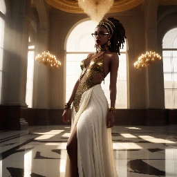 Ultra-detailed full body cinematic masterpiece, 8K, hyper-realistic shot low-angle below eye level at her waist looking up she's in the centre directly facing the camera lit by very faint sunlight. a graceful regal cute athletic voluptuous 20 year old East African Nubian/Habesha mixed princess standing in a vast white marble modern grand hall/library. She has thick elegant upswept bun long vellus dreadlocks loose locks framing her face with gold trinkets & radiant sweaty tanned dark cacao ebony skin. She has large bright regal hazel eyes framed with dark smoky eyeliner and pale shimmering gold eyeshadow & dark plum lipstick on her upper lip with a lighter plum tone on the lower lip. She wears a fitted very thin white chiffon silk halter bodice with a very deep plunging neckline & back and aa ankle-length flowing ribbon train made of two ribbon panels with dual wide symmetrical torso length splits along each leg, the dress has fine intricate angular shimmering gold symmetrical geometric pattern. Her jewelry is an elaborate black lace choker, gold circlet, earrings, chains, bracelets, armbands & anklets and elegant ivory & gold high stiletto shoes & glasses. She stands & leans back on a large ornate dark oak table eyes fixed on the camera. She has gold linear geometric patterns painted on her arms & shoulders. there's a puddle of water on the floor from her dripping wet dress. The setting is a grand sunlit white marble hall with tall soaring ceilings & grand white marble walls with towering dark wood shelves of books, a floor to ceiling rectangular-glass tinted window behind her with a polished patterned marble floor, casting warm amber diffused light and soft rim lighting around her silhouette. light rays cascade from the continuous glass windows near the ceiling refracting off the mild volumetric fog & dust in the room. The mood is bright, powerful & cinematic.  Palette of gold, white, ivory and amber.  Style: hyper-realistic & candid with afternoon sunlight in the grand space, diffused incandescent amber light, high detail, textures, no harsh direct bright light on the subject just warm refracted tones