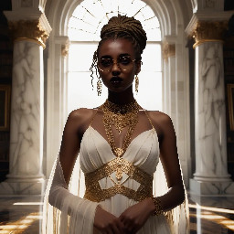 Ultra-detailed full body cinematic masterpiece, 8K, hyper-realistic shot low-angle below eye level at her waist looking up she's in the centre directly facing the camera lit by very faint sunlight. a graceful regal cute athletic voluptuous 20 year old East African Nubian/Habesha mixed princess standing in a vast white marble modern grand hall/library. She has thick elegant upswept bun long vellus dreadlocks loose locks framing her face with gold trinkets & radiant sweaty tanned dark cacao ebony skin. She has large bright regal hazel eyes framed with dark smoky eyeliner and pale shimmering gold eyeshadow & dark plum lipstick on her upper lip with a lighter plum tone on the lower lip. She wears a fitted very thin white chiffon silk halter bodice with a very deep plunging neckline & back and aa ankle-length flowing ribbon train made of two ribbon panels with dual wide symmetrical torso length splits along each leg, the dress has fine intricate angular shimmering gold symmetrical geometric pattern. Her jewelry is an elaborate black lace choker, gold circlet, earrings, chains, bracelets, armbands & anklets and elegant ivory & gold high stiletto shoes & glasses. She stands & leans back on a large ornate dark oak table eyes fixed on the camera. She has gold linear geometric patterns painted on her arms & shoulders. there's a puddle of water on the floor from her dripping wet dress. The setting is a grand sunlit white marble hall with tall soaring ceilings & grand white marble walls with towering dark wood shelves of books, a floor to ceiling rectangular-glass tinted window behind her with a polished patterned marble floor, casting warm amber diffused light and soft rim lighting around her silhouette. light rays cascade from the continuous glass windows near the ceiling refracting off the mild volumetric fog & dust in the room. The mood is bright, powerful & cinematic.  Palette of gold, white, ivory and amber.  Style: hyper-realistic & candid with afternoon sunlight in the grand space, diffused incandescent amber light, high detail, textures, no harsh direct bright light on the subject just warm refracted tones