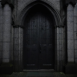 A demon stands by the doors of Hallgrímskirkja church in Reykjavik at night