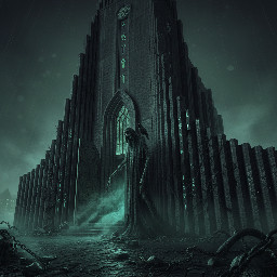 A dark evil looking being stand by the doors of Hallgrímskirkja church in Reykjavik at night