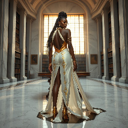 Ultra-detailed full body cinematic masterpiece, 8K, hyper-realistic shot low-angle below eye level at her waist looking up she's in the centre directly facing the camera lit by very faint sunlight. a graceful regal cute athletic voluptuous 20 year old East African Nubian/Habesha mixed princess standing in a vast white marble modern grand hall/library. She has thick elegant upswept bun long vellus dreadlocks loose locks framing her face with gold trinkets & radiant sweaty tanned dark cacao ebony skin. She has large bright regal hazel eyes framed with dark smoky eyeliner and pale shimmering gold eyeshadow & dark plum lipstick on her upper lip with a lighter plum tone on the lower lip. She wears a fitted very thin white chiffon silk halter bodice with a very deep plunging neckline & back and aa ankle-length flowing ribbon train made of two ribbon panels with dual wide symmetrical torso length splits along each leg, the dress has fine intricate angular shimmering gold symmetrical geometric pattern. Her jewelry is an elaborate black lace choker, gold circlet, earrings, chains, bracelets, armbands & anklets and elegant ivory & gold high stiletto shoes & glasses. She stands & leans back on a large ornate dark oak table eyes fixed on the camera. She has gold linear geometric patterns painted on her arms & shoulders. there's a puddle of water on the floor from her dripping wet dress. The setting is a grand sunlit white marble hall with tall soaring ceilings & grand white marble walls with towering dark wood shelves of books, a floor to ceiling rectangular-glass tinted window behind her with a polished patterned marble floor, casting warm amber diffused light and soft rim lighting around her silhouette. light rays cascade from the continuous glass windows near the ceiling refracting off the mild volumetric fog & dust in the room. The mood is bright, powerful & cinematic.  Palette of gold, white, ivory and amber.  Style: hyper-realistic & candid with afternoon sunlight in the grand space, diffused incandescent amber light, high detail, textures, no harsh direct bright light on the subject just warm refracted tones