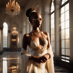 Ultra-detailed full body cinematic masterpiece, 8K, hyper-realistic shot low-angle below eye level at her waist looking up she's in the centre directly facing the camera lit by very faint sunlight. a graceful regal cute athletic voluptuous 20 year old East African Nubian/Habesha mixed princess standing in a vast white marble modern grand hall/library. She has thick elegant upswept bun long vellus dreadlocks loose locks framing her face with gold trinkets & radiant sweaty tanned dark cacao ebony skin. She has large bright regal hazel eyes framed with dark smoky eyeliner and pale shimmering gold eyeshadow & dark plum lipstick on her upper lip with a lighter plum tone on the lower lip. She wears a fitted very thin white chiffon silk halter bodice with a very deep plunging neckline & back and aa ankle-length flowing ribbon train made of two ribbon panels with dual wide symmetrical torso length splits along each leg, the dress has fine intricate angular shimmering gold symmetrical geometric pattern. Her jewelry is an elaborate black lace choker, gold circlet, earrings, chains, bracelets, armbands & anklets and elegant ivory & gold high stiletto shoes & glasses. She stands & leans back on a large ornate dark oak table eyes fixed on the camera. She has gold linear geometric patterns painted on her arms & shoulders. there's a puddle of water on the floor from her dripping wet dress. The setting is a grand sunlit white marble hall with tall soaring ceilings & grand white marble walls with towering dark wood shelves of books, a floor to ceiling rectangular-glass tinted window behind her with a polished patterned marble floor, casting warm amber diffused light and soft rim lighting around her silhouette. light rays cascade from the continuous glass windows near the ceiling refracting off the mild volumetric fog & dust in the room. The mood is bright, powerful & cinematic.  Palette of gold, white, ivory and amber.  Style: hyper-realistic & candid with afternoon sunlight in the grand space, diffused incandescent amber light, high detail, textures, no harsh direct bright light on the subject just warm refracted tones