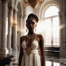 Ultra-detailed full body cinematic masterpiece, 8K, hyper-realistic shot low-angle below eye level at her waist looking up she's in the centre directly facing the camera lit by very faint sunlight. a graceful regal cute athletic voluptuous 20 year old East African Nubian/Habesha mixed princess standing in a vast white marble modern grand hall/library. She has thick elegant upswept bun long vellus dreadlocks loose locks framing her face with gold trinkets & radiant sweaty tanned dark cacao ebony skin. She has large bright regal hazel eyes framed with dark smoky eyeliner and pale shimmering gold eyeshadow & dark plum lipstick on her upper lip with a lighter plum tone on the lower lip. She wears a fitted very thin white chiffon silk halter bodice with a very deep plunging neckline & back and aa ankle-length flowing ribbon train made of two ribbon panels with dual wide symmetrical torso length splits along each leg, the dress has fine intricate angular shimmering gold symmetrical geometric pattern. Her jewelry is an elaborate black lace choker, gold circlet, earrings, chains, bracelets, armbands & anklets and elegant ivory & gold high stiletto shoes & glasses. She stands & leans back on a large ornate dark oak table eyes fixed on the camera. She has gold linear geometric patterns painted on her arms & shoulders. there's a puddle of water on the floor from her dripping wet dress. The setting is a grand sunlit white marble hall with tall soaring ceilings & grand white marble walls with towering dark wood shelves of books, a floor to ceiling rectangular-glass tinted window behind her with a polished patterned marble floor, casting warm amber diffused light and soft rim lighting around her silhouette. light rays cascade from the continuous glass windows near the ceiling refracting off the mild volumetric fog & dust in the room. The mood is bright, powerful & cinematic.  Palette of gold, white, ivory and amber.  Style: hyper-realistic & candid with afternoon sunlight in the grand space, diffused incandescent amber light, high detail, textures, no harsh direct bright light on the subject just warm refracted tones