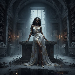 Ultra-detailed full body cinematic masterpiece, 8K, hyper-realistic shot low-angle below eye level at her waist looking up she's in the centre directly facing the camera lit by very faint sunlight. a graceful regal cute athletic voluptuous 20 year old East African Nubian/Habesha mixed princess standing in a vast white marble modern grand hall/library. She has thick elegant upswept bun long vellus dreadlocks loose locks framing her face with gold trinkets & radiant sweaty tanned dark cacao ebony skin. She has large bright regal hazel eyes framed with dark smoky eyeliner and pale shimmering gold eyeshadow & dark plum lipstick on her upper lip with a lighter plum tone on the lower lip. She wears a fitted very thin white chiffon silk halter bodice with a very deep plunging neckline & back and aa ankle-length flowing ribbon train made of two ribbon panels with dual wide symmetrical torso length splits along each leg, the dress has fine intricate angular shimmering gold symmetrical geometric pattern. Her jewelry is an elaborate black lace choker, gold circlet, earrings, chains, bracelets, armbands & anklets and elegant ivory & gold high stiletto shoes & glasses. She stands & leans back on a large ornate dark oak table eyes fixed on the camera. She has gold linear geometric patterns painted on her arms & shoulders. there's a puddle of water on the floor from her dripping wet dress. The setting is a grand sunlit white marble hall with tall soaring ceilings & grand white marble walls with towering dark wood shelves of books, a floor to ceiling rectangular-glass tinted window behind her with a polished patterned marble floor, casting warm amber diffused light and soft rim lighting around her silhouette. light rays cascade from the continuous glass windows near the ceiling refracting off the mild volumetric fog & dust in the room. The mood is bright, powerful & cinematic.  Palette of gold, white, ivory and amber.  Style: hyper-realistic & candid with afternoon sunlight in the grand space, diffused incandescent amber light, high detail, textures, no harsh direct bright light on the subject just warm refracted tones