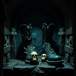 new rock reactor boots with skull details, in a display designed like a sepulchre
