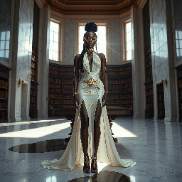Ultra-detailed full body cinematic masterpiece, 8K, hyper-realistic shot low-angle below eye level at her waist looking up she's in the centre directly facing the camera lit by very faint sunlight. a graceful regal cute athletic voluptuous 20 year old East African Nubian/Habesha mixed princess standing in a vast white marble modern grand hall/library. She has thick elegant upswept bun long vellus dreadlocks loose locks framing her face with gold trinkets & radiant sweaty tanned dark cacao ebony skin. She has large bright regal hazel eyes framed with dark smoky eyeliner and pale shimmering gold eyeshadow & dark plum lipstick on her upper lip with a lighter plum tone on the lower lip. She wears a fitted very thin white chiffon silk halter bodice with a very deep plunging neckline & back and aa ankle-length flowing ribbon train made of two ribbon panels with dual wide symmetrical torso length splits along each leg, the dress has fine intricate angular shimmering gold symmetrical geometric pattern. Her jewelry is an elaborate black lace choker, gold circlet, earrings, chains, bracelets, armbands & anklets and elegant ivory & gold high stiletto shoes & glasses. She stands & leans back on a large ornate dark oak table eyes fixed on the camera. She has gold linear geometric patterns painted on her arms & shoulders. there's a puddle of water on the floor from her dripping wet dress. The setting is a grand sunlit white marble hall with tall soaring ceilings & grand white marble walls with towering dark wood shelves of books, a floor to ceiling rectangular-glass tinted window behind her with a polished patterned marble floor, casting warm amber diffused light and soft rim lighting around her silhouette. light rays cascade from the continuous glass windows near the ceiling refracting off the mild volumetric fog & dust in the room. The mood is bright, powerful & cinematic.  Palette of gold, white, ivory and amber.  Style: hyper-realistic & candid with afternoon sunlight in the grand space, diffused incandescent amber light, high detail, textures, no harsh direct bright light on the subject just warm refracted tones