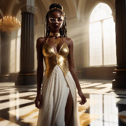 Ultra-detailed full body cinematic masterpiece, 8K, hyper-realistic shot low-angle below eye level at her waist looking up she's in the centre directly facing the camera lit by very faint sunlight. a graceful regal cute athletic voluptuous 20 year old East African Nubian/Habesha mixed princess standing in a vast white marble modern grand hall/library. She has thick elegant upswept bun long vellus dreadlocks loose locks framing her face with gold trinkets & radiant sweaty tanned dark cacao ebony skin. She has large bright regal hazel eyes framed with dark smoky eyeliner and pale shimmering gold eyeshadow & dark plum lipstick on her upper lip with a lighter plum tone on the lower lip. She wears a fitted very thin white chiffon silk halter bodice with a very deep plunging neckline & back and aa ankle-length flowing ribbon train made of two ribbon panels with dual wide symmetrical torso length splits along each leg, the dress has fine intricate angular shimmering gold symmetrical geometric pattern. Her jewelry is an elaborate black lace choker, gold circlet, earrings, chains, bracelets, armbands & anklets and elegant ivory & gold high stiletto shoes & glasses. She stands & leans back on a large ornate dark oak table eyes fixed on the camera. She has gold linear geometric patterns painted on her arms & shoulders. there's a puddle of water on the floor from her dripping wet dress. The setting is a grand sunlit white marble hall with tall soaring ceilings & grand white marble walls with towering dark wood shelves of books, a floor to ceiling rectangular-glass tinted window behind her with a polished patterned marble floor, casting warm amber diffused light and soft rim lighting around her silhouette. light rays cascade from the continuous glass windows near the ceiling refracting off the mild volumetric fog & dust in the room. The mood is bright, powerful & cinematic.  Palette of gold, white, ivory and amber.  Style: hyper-realistic & candid with afternoon sunlight in the grand space, diffused incandescent amber light, high detail, textures, no harsh direct bright light on the subject just warm refracted tones