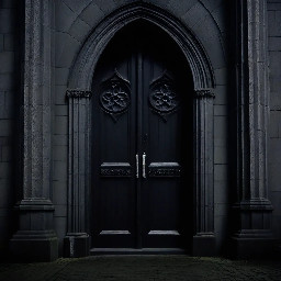 A dark evil looking being stand by the doors of Hallgrímskirkja church in Reykjavik at night