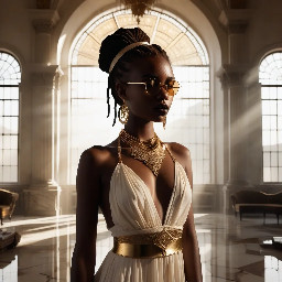 Ultra-detailed full body cinematic masterpiece, 8K, hyper-realistic shot low-angle below eye level at her waist looking up she's in the centre directly facing the camera lit by very faint sunlight. a graceful regal cute athletic voluptuous 20 year old East African Nubian/Habesha mixed princess standing in a vast white marble modern grand hall/library. She has thick elegant upswept bun long vellus dreadlocks loose locks framing her face with gold trinkets & radiant sweaty tanned dark cacao ebony skin. She has large bright regal hazel eyes framed with dark smoky eyeliner and pale shimmering gold eyeshadow & dark plum lipstick on her upper lip with a lighter plum tone on the lower lip. She wears a fitted very thin white chiffon silk halter bodice with a very deep plunging neckline & back and aa ankle-length flowing ribbon train made of two ribbon panels with dual wide symmetrical torso length splits along each leg, the dress has fine intricate angular shimmering gold symmetrical geometric pattern. Her jewelry is an elaborate black lace choker, gold circlet, earrings, chains, bracelets, armbands & anklets and elegant ivory & gold high stiletto shoes & glasses. She stands & leans back on a large ornate dark oak table eyes fixed on the camera. She has gold linear geometric patterns painted on her arms & shoulders. there's a puddle of water on the floor from her dripping wet dress. The setting is a grand sunlit white marble hall with tall soaring ceilings & grand white marble walls with towering dark wood shelves of books, a floor to ceiling rectangular-glass tinted window behind her with a polished patterned marble floor, casting warm amber diffused light and soft rim lighting around her silhouette. light rays cascade from the continuous glass windows near the ceiling refracting off the mild volumetric fog & dust in the room. The mood is bright, powerful & cinematic.  Palette of gold, white, ivory and amber.  Style: hyper-realistic & candid with afternoon sunlight in the grand space, diffused incandescent amber light, high detail, textures, no harsh direct bright light on the subject just warm refracted tones