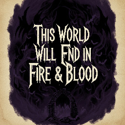 Create a dark gothic poster in the same style as the reference image, with a black-and-deep-purple smoky horror background and sharp jagged blackletter typography. The central title must read This World Will End In Fire & Blood exactly, with no quotation marks. Make the text bone-white, distressed, and Dracula-themed, with tall spiky letterforms and a sinister Victorian vampire feel. Keep the composition bold and high-contrast, with subtle bat silhouettes and an eerie, theatrical atmosphere.