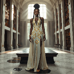 Ultra-detailed full body cinematic masterpiece, 8K, hyper-realistic shot low-angle below eye level at her waist looking up she's in the centre directly facing the camera lit by very faint sunlight. a graceful regal cute athletic voluptuous 20 year old East African Nubian/Habesha mixed princess standing in a vast white marble modern grand hall/library. She has thick elegant upswept bun long vellus dreadlocks loose locks framing her face with gold trinkets & radiant sweaty tanned dark cacao ebony skin. She has large bright regal hazel eyes framed with dark smoky eyeliner and pale shimmering gold eyeshadow & dark plum lipstick on her upper lip with a lighter plum tone on the lower lip. She wears a fitted very thin white chiffon silk halter bodice with a very deep plunging neckline & back and aa ankle-length flowing ribbon train made of two ribbon panels with dual wide symmetrical torso length splits along each leg, the dress has fine intricate angular shimmering gold symmetrical geometric pattern. Her jewelry is an elaborate black lace choker, gold circlet, earrings, chains, bracelets, armbands & anklets and elegant ivory & gold high stiletto shoes & glasses. She stands & leans back on a large ornate dark oak table eyes fixed on the camera. She has gold linear geometric patterns painted on her arms & shoulders. there's a puddle of water on the floor from her dripping wet dress. The setting is a grand sunlit white marble hall with tall soaring ceilings & grand white marble walls with towering dark wood shelves of books, a floor to ceiling rectangular-glass tinted window behind her with a polished patterned marble floor, casting warm amber diffused light and soft rim lighting around her silhouette. light rays cascade from the continuous glass windows near the ceiling refracting off the mild volumetric fog & dust in the room. The mood is bright, powerful & cinematic.  Palette of gold, white, ivory and amber.  Style: hyper-realistic & candid with afternoon sunlight in the grand space, diffused incandescent amber light, high detail, textures, no harsh direct bright light on the subject just warm refracted tones