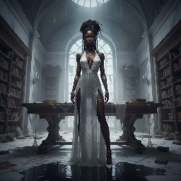 Ultra-detailed full body cinematic masterpiece, 8K, hyper-realistic shot low-angle below eye level at her waist looking up she's in the centre directly facing the camera lit by very faint sunlight. a graceful regal cute athletic voluptuous 20 year old East African Nubian/Habesha mixed princess standing in a vast white marble modern grand hall/library. She has thick elegant upswept bun long vellus dreadlocks loose locks framing her face with gold trinkets & radiant sweaty tanned dark cacao ebony skin. She has large bright regal hazel eyes framed with dark smoky eyeliner and pale shimmering gold eyeshadow & dark plum lipstick on her upper lip with a lighter plum tone on the lower lip. She wears a fitted very thin white chiffon silk halter bodice with a very deep plunging neckline & back and aa ankle-length flowing ribbon train made of two ribbon panels with dual wide symmetrical torso length splits along each leg, the dress has fine intricate angular shimmering gold symmetrical geometric pattern. Her jewelry is an elaborate black lace choker, gold circlet, earrings, chains, bracelets, armbands & anklets and elegant ivory & gold high stiletto shoes & glasses. She stands & leans back on a large ornate dark oak table eyes fixed on the camera. She has gold linear geometric patterns painted on her arms & shoulders. there's a puddle of water on the floor from her dripping wet dress. The setting is a grand sunlit white marble hall with tall soaring ceilings & grand white marble walls with towering dark wood shelves of books, a floor to ceiling rectangular-glass tinted window behind her with a polished patterned marble floor, casting warm amber diffused light and soft rim lighting around her silhouette. light rays cascade from the continuous glass windows near the ceiling refracting off the mild volumetric fog & dust in the room. The mood is bright, powerful & cinematic.  Palette of gold, white, ivory and amber.  Style: hyper-realistic & candid with afternoon sunlight in the grand space, diffused incandescent amber light, high detail, textures, no harsh direct bright light on the subject just warm refracted tones