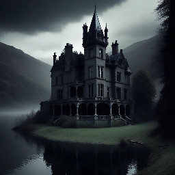 A large stone-built victorian gothic stately home in the mountains by a lake.