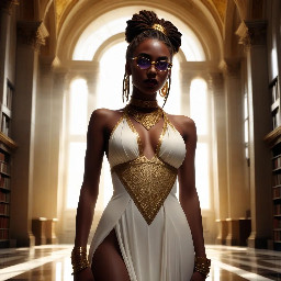 Ultra-detailed full body cinematic masterpiece, 8K, hyper-realistic shot low-angle below eye level at her waist looking up she's in the centre directly facing the camera lit by very faint sunlight. a graceful regal cute athletic voluptuous 20 year old East African Nubian/Habesha mixed princess standing in a vast white marble modern grand hall/library. She has thick elegant upswept bun long vellus dreadlocks loose locks framing her face with gold trinkets & radiant sweaty tanned dark cacao ebony skin. She has large bright regal hazel eyes framed with dark smoky eyeliner and pale shimmering gold eyeshadow & dark plum lipstick on her upper lip with a lighter plum tone on the lower lip. She wears a fitted very thin white chiffon silk halter bodice with a very deep plunging neckline & back and aa ankle-length flowing ribbon train made of two ribbon panels with dual wide symmetrical torso length splits along each leg, the dress has fine intricate angular shimmering gold symmetrical geometric pattern. Her jewelry is an elaborate black lace choker, gold circlet, earrings, chains, bracelets, armbands & anklets and elegant ivory & gold high stiletto shoes & glasses. She stands & leans back on a large ornate dark oak table eyes fixed on the camera. She has gold linear geometric patterns painted on her arms & shoulders. there's a puddle of water on the floor from her dripping wet dress. The setting is a grand sunlit white marble hall with tall soaring ceilings & grand white marble walls with towering dark wood shelves of books, a floor to ceiling rectangular-glass tinted window behind her with a polished patterned marble floor, casting warm amber diffused light and soft rim lighting around her silhouette. light rays cascade from the continuous glass windows near the ceiling refracting off the mild volumetric fog & dust in the room. The mood is bright, powerful & cinematic.  Palette of gold, white, ivory and amber.  Style: hyper-realistic & candid with afternoon sunlight in the grand space, diffused incandescent amber light, high detail, textures, no harsh direct bright light on the subject just warm refracted tones