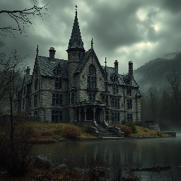 A large stone-built victorian gothic stately home in the mountains by a lake.