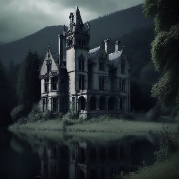 A large stone-built victorian gothic stately home in the mountains by a lake.
