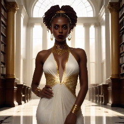 Ultra-detailed full body cinematic masterpiece, 8K, hyper-realistic shot low-angle below eye level at her waist looking up she's in the centre directly facing the camera lit by very faint sunlight. a graceful regal cute athletic voluptuous 20 year old East African Nubian/Habesha mixed princess standing in a vast white marble modern grand hall/library. She has thick elegant upswept bun long vellus dreadlocks loose locks framing her face with gold trinkets & radiant sweaty tanned dark cacao ebony skin. She has large bright regal hazel eyes framed with dark smoky eyeliner and pale shimmering gold eyeshadow & dark plum lipstick on her upper lip with a lighter plum tone on the lower lip. She wears a fitted very thin white chiffon silk halter bodice with a very deep plunging neckline & back and aa ankle-length flowing ribbon train made of two ribbon panels with dual wide symmetrical torso length splits along each leg, the dress has fine intricate angular shimmering gold symmetrical geometric pattern. Her jewelry is an elaborate black lace choker, gold circlet, earrings, chains, bracelets, armbands & anklets and elegant ivory & gold high stiletto shoes & glasses. She stands & leans back on a large ornate dark oak table eyes fixed on the camera. She has gold linear geometric patterns painted on her arms & shoulders. there's a puddle of water on the floor from her dripping wet dress. The setting is a grand sunlit white marble hall with tall soaring ceilings & grand white marble walls with towering dark wood shelves of books, a floor to ceiling rectangular-glass tinted window behind her with a polished patterned marble floor, casting warm amber diffused light and soft rim lighting around her silhouette. light rays cascade from the continuous glass windows near the ceiling refracting off the mild volumetric fog & dust in the room. The mood is bright, powerful & cinematic.  Palette of gold, white, ivory and amber.  Style: hyper-realistic & candid with afternoon sunlight in the grand space, diffused incandescent amber light, high detail, textures, no harsh direct bright light on the subject just warm refracted tones