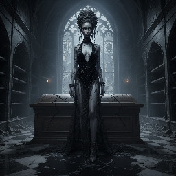 Ultra-detailed full body cinematic masterpiece, 8K, hyper-realistic shot low-angle below eye level at her waist looking up she's in the centre directly facing the camera lit by very faint sunlight. a graceful regal cute athletic voluptuous 20 year old East African Nubian/Habesha mixed princess standing in a vast white marble modern grand hall/library. She has thick elegant upswept bun long vellus dreadlocks loose locks framing her face with gold trinkets & radiant sweaty tanned dark cacao ebony skin. She has large bright regal hazel eyes framed with dark smoky eyeliner and pale shimmering gold eyeshadow & dark plum lipstick on her upper lip with a lighter plum tone on the lower lip. She wears a fitted very thin white chiffon silk halter bodice with a very deep plunging neckline & back and aa ankle-length flowing ribbon train made of two ribbon panels with dual wide symmetrical torso length splits along each leg, the dress has fine intricate angular shimmering gold symmetrical geometric pattern. Her jewelry is an elaborate black lace choker, gold circlet, earrings, chains, bracelets, armbands & anklets and elegant ivory & gold high stiletto shoes & glasses. She stands & leans back on a large ornate dark oak table eyes fixed on the camera. She has gold linear geometric patterns painted on her arms & shoulders. there's a puddle of water on the floor from her dripping wet dress. The setting is a grand sunlit white marble hall with tall soaring ceilings & grand white marble walls with towering dark wood shelves of books, a floor to ceiling rectangular-glass tinted window behind her with a polished patterned marble floor, casting warm amber diffused light and soft rim lighting around her silhouette. light rays cascade from the continuous glass windows near the ceiling refracting off the mild volumetric fog & dust in the room. The mood is bright, powerful & cinematic.  Palette of gold, white, ivory and amber.  Style: hyper-realistic & candid with afternoon sunlight in the grand space, diffused incandescent amber light, high detail, textures, no harsh direct bright light on the subject just warm refracted tones