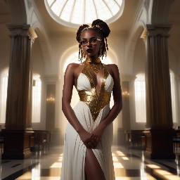 Ultra-detailed full body cinematic masterpiece, 8K, hyper-realistic shot low-angle below eye level at her waist looking up she's in the centre directly facing the camera lit by very faint sunlight. a graceful regal cute athletic voluptuous 20 year old East African Nubian/Habesha mixed princess standing in a vast white marble modern grand hall/library. She has thick elegant upswept bun long vellus dreadlocks loose locks framing her face with gold trinkets & radiant sweaty tanned dark cacao ebony skin. She has large bright regal hazel eyes framed with dark smoky eyeliner and pale shimmering gold eyeshadow & dark plum lipstick on her upper lip with a lighter plum tone on the lower lip. She wears a fitted very thin white chiffon silk halter bodice with a very deep plunging neckline & back and aa ankle-length flowing ribbon train made of two ribbon panels with dual wide symmetrical torso length splits along each leg, the dress has fine intricate angular shimmering gold symmetrical geometric pattern. Her jewelry is an elaborate black lace choker, gold circlet, earrings, chains, bracelets, armbands & anklets and elegant ivory & gold high stiletto shoes & glasses. She stands & leans back on a large ornate dark oak table eyes fixed on the camera. She has gold linear geometric patterns painted on her arms & shoulders. there's a puddle of water on the floor from her dripping wet dress. The setting is a grand sunlit white marble hall with tall soaring ceilings & grand white marble walls with towering dark wood shelves of books, a floor to ceiling rectangular-glass tinted window behind her with a polished patterned marble floor, casting warm amber diffused light and soft rim lighting around her silhouette. light rays cascade from the continuous glass windows near the ceiling refracting off the mild volumetric fog & dust in the room. The mood is bright, powerful & cinematic.  Palette of gold, white, ivory and amber.  Style: hyper-realistic & candid with afternoon sunlight in the grand space, diffused incandescent amber light, high detail, textures, no harsh direct bright light on the subject just warm refracted tones