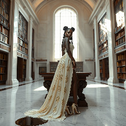 Ultra-detailed full body cinematic masterpiece, 8K, hyper-realistic shot low-angle below eye level at her waist looking up she's in the centre directly facing the camera lit by very faint sunlight. a graceful regal cute athletic voluptuous 20 year old East African Nubian/Habesha mixed princess standing in a vast white marble modern grand hall/library. She has thick elegant upswept bun long vellus dreadlocks loose locks framing her face with gold trinkets & radiant sweaty tanned dark cacao ebony skin. She has large bright regal hazel eyes framed with dark smoky eyeliner and pale shimmering gold eyeshadow & dark plum lipstick on her upper lip with a lighter plum tone on the lower lip. She wears a fitted very thin white chiffon silk halter bodice with a very deep plunging neckline & back and aa ankle-length flowing ribbon train made of two ribbon panels with dual wide symmetrical torso length splits along each leg, the dress has fine intricate angular shimmering gold symmetrical geometric pattern. Her jewelry is an elaborate black lace choker, gold circlet, earrings, chains, bracelets, armbands & anklets and elegant ivory & gold high stiletto shoes & glasses. She stands & leans back on a large ornate dark oak table eyes fixed on the camera. She has gold linear geometric patterns painted on her arms & shoulders. there's a puddle of water on the floor from her dripping wet dress. The setting is a grand sunlit white marble hall with tall soaring ceilings & grand white marble walls with towering dark wood shelves of books, a floor to ceiling rectangular-glass tinted window behind her with a polished patterned marble floor, casting warm amber diffused light and soft rim lighting around her silhouette. light rays cascade from the continuous glass windows near the ceiling refracting off the mild volumetric fog & dust in the room. The mood is bright, powerful & cinematic.  Palette of gold, white, ivory and amber.  Style: hyper-realistic & candid with afternoon sunlight in the grand space, diffused incandescent amber light, high detail, textures, no harsh direct bright light on the subject just warm refracted tones
